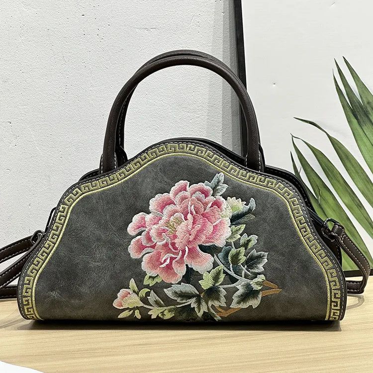 Elegant Retro Chinese Embroidered Leather Shoulder Bag for Women