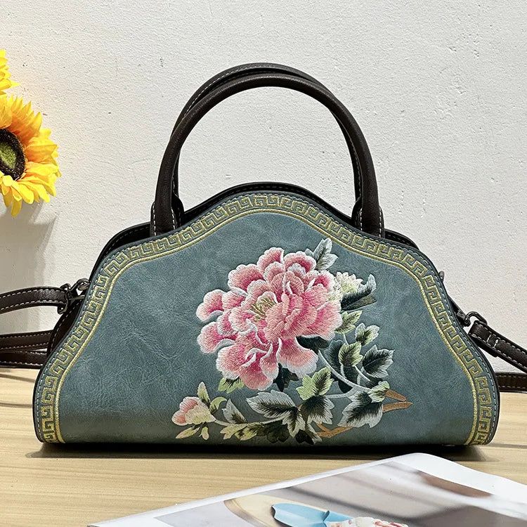 Elegant Retro Chinese Embroidered Leather Shoulder Bag for Women