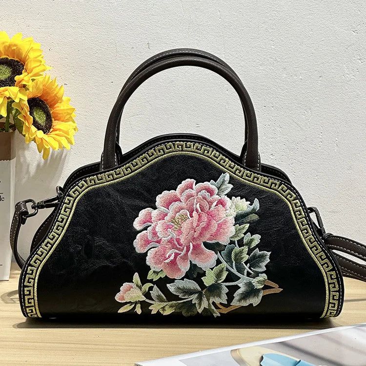 Elegant Retro Chinese Embroidered Leather Shoulder Bag for Women