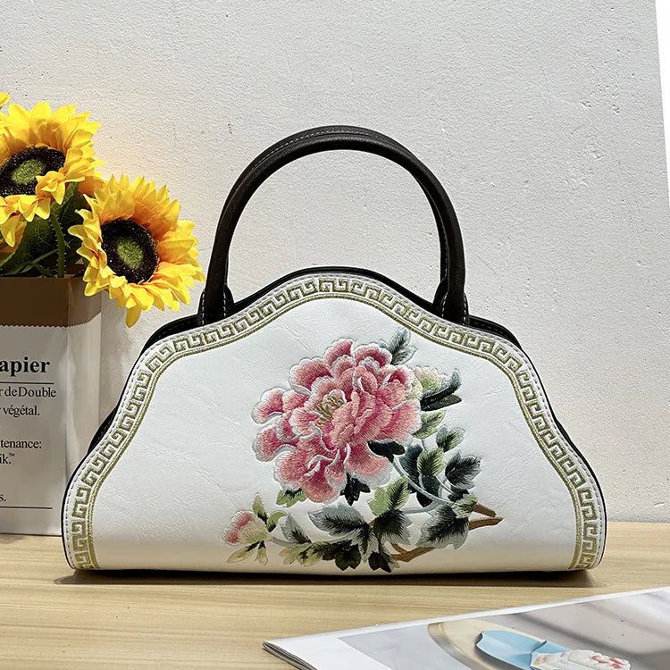 Elegant Retro Chinese Embroidered Leather Shoulder Bag for Women