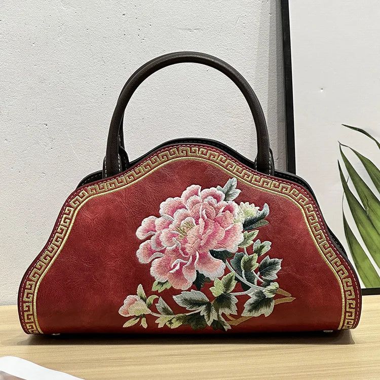 Elegant Retro Chinese Embroidered Leather Shoulder Bag for Women