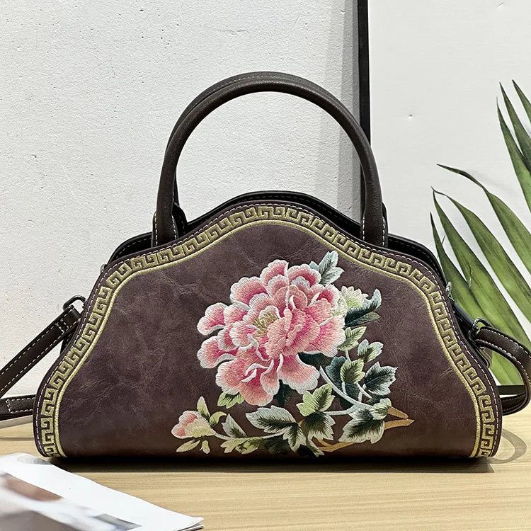 Elegant Retro Chinese Embroidered Leather Shoulder Bag for Women