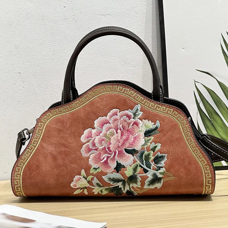 Elegant Retro Chinese Embroidered Leather Shoulder Bag for Women