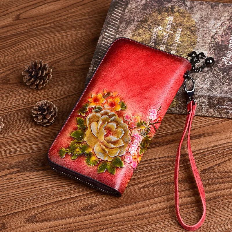 Elegant Retro Chinese-Inspired Genuine Leather Clutch Wallet for Women - Handcrafted Zippered Card Holder and Purse