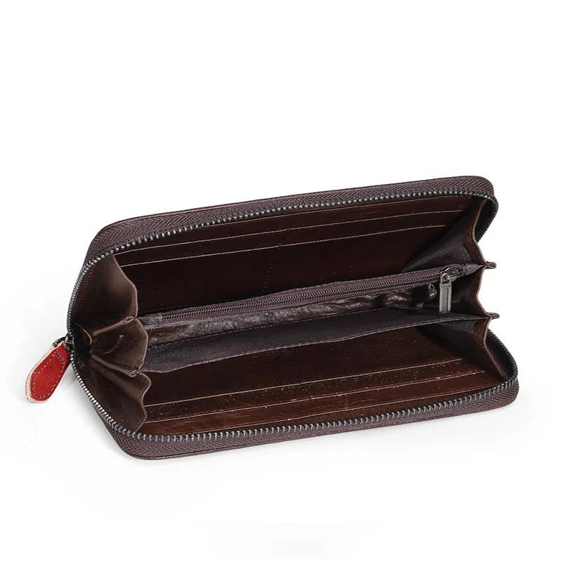 Elegant Retro Genuine Leather Long Wallet for Women - Luxury Cowhide Purse with Card Holder and Phone Compartment