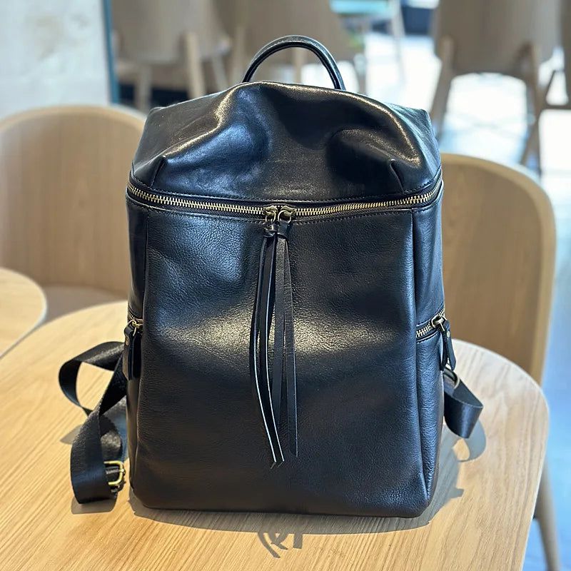 Elegant Soft Cowhide Leather Large Capacity Backpack for Women - Versatile Travel and Leisure Bag