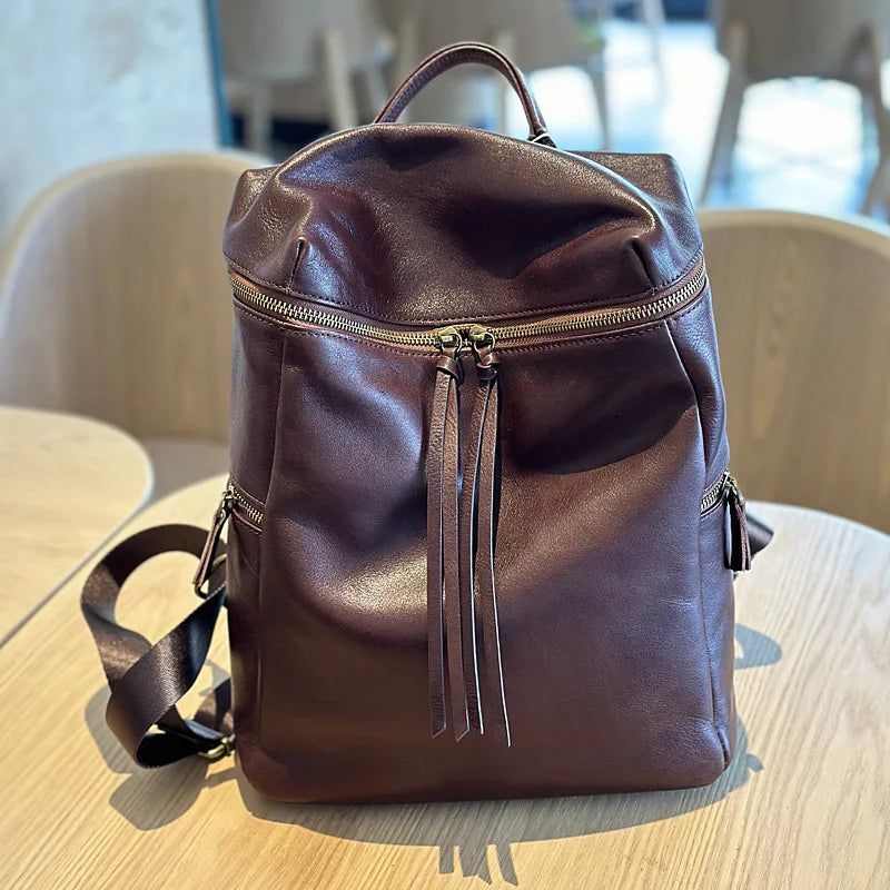 Elegant Soft Cowhide Leather Large Capacity Backpack for Women - Versatile Travel and Leisure Bag