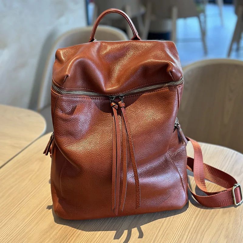 Elegant Soft Cowhide Leather Large Capacity Backpack for Women - Versatile Travel and Leisure Bag