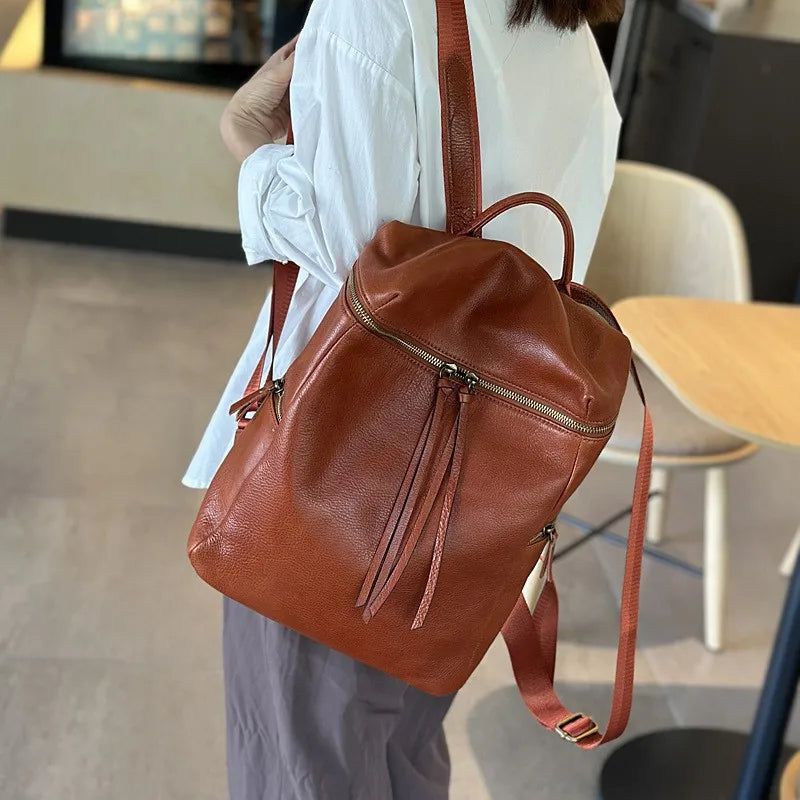 Elegant Soft Cowhide Leather Large Capacity Backpack for Women - Versatile Travel and Leisure Bag