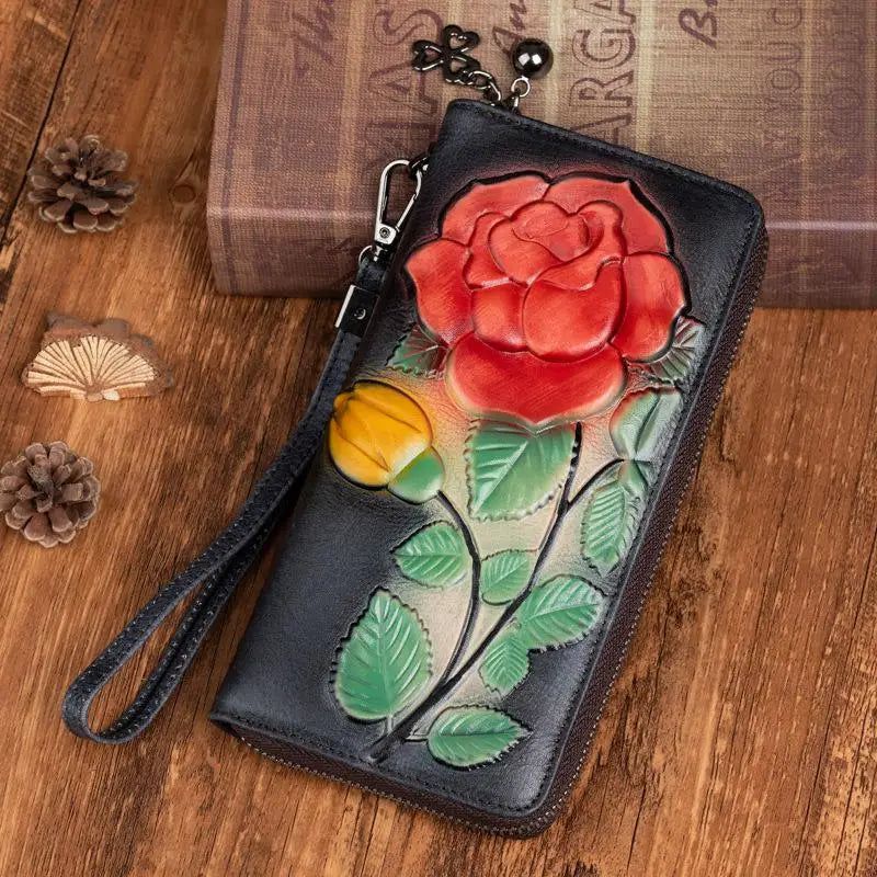 Elegant Vintage Rose-Embossed Women's Genuine Leather Long Zipper Wallet and Phone Purse