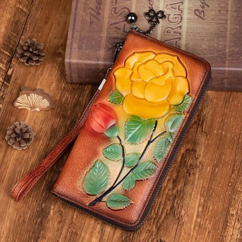 Elegant Vintage Rose-Embossed Women's Genuine Leather Long Zipper Wallet and Phone Purse