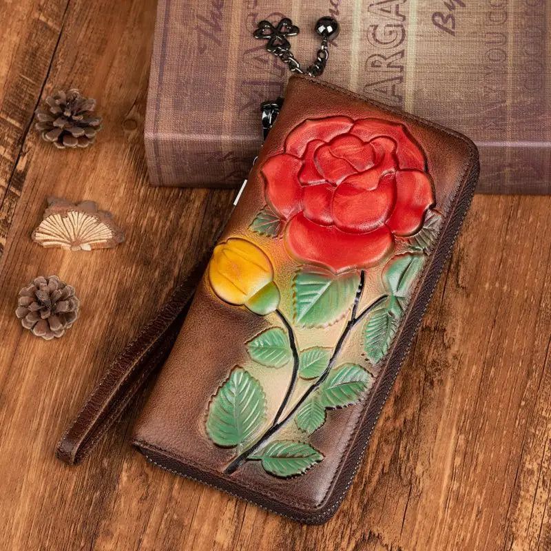 Elegant Vintage Rose-Embossed Women's Genuine Leather Long Zipper Wallet and Phone Purse