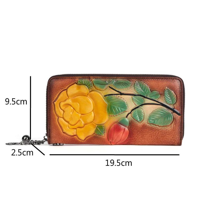 Elegant Vintage Rose-Embossed Women's Genuine Leather Long Zipper Wallet and Phone Purse