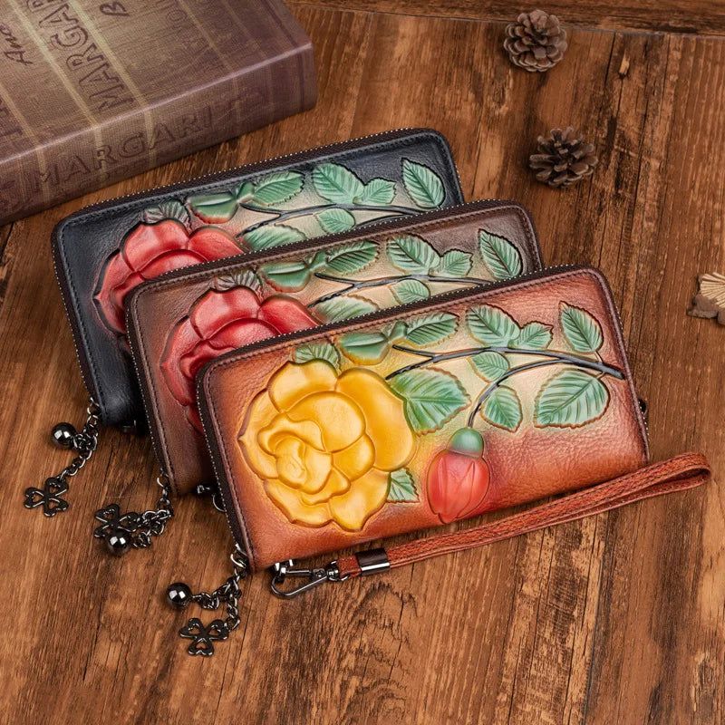 Elegant Vintage Rose-Embossed Women's Genuine Leather Long Zipper Wallet and Phone Purse