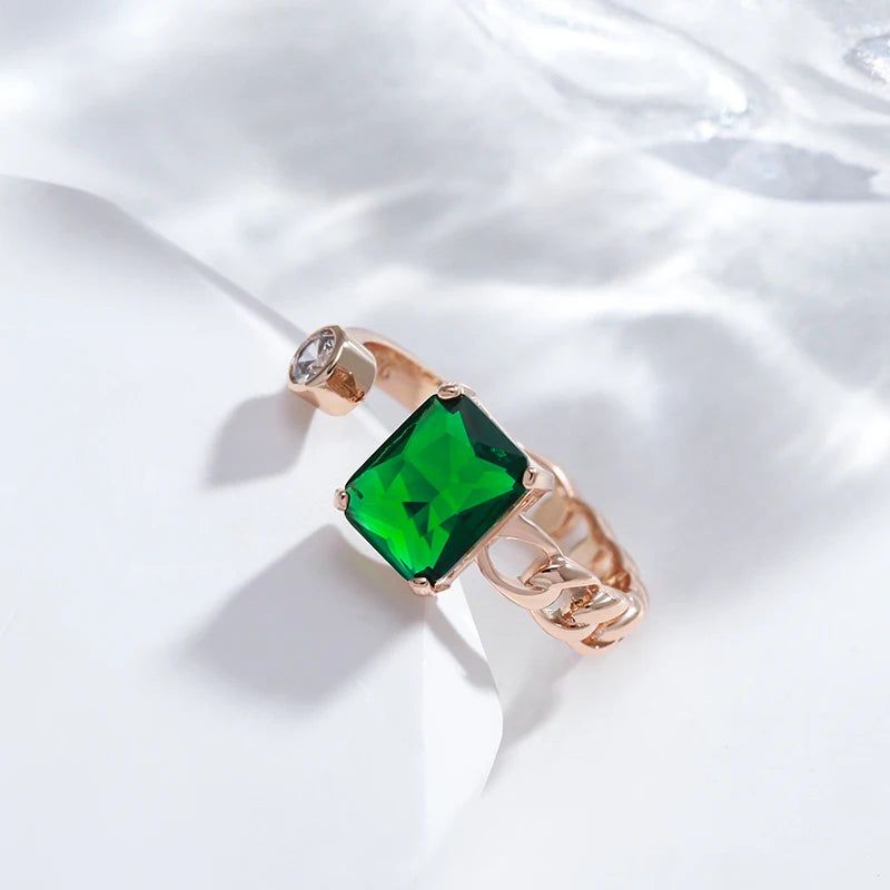 Elegant Vintage-Style Square Green Natural Zircon Ring in 585 Rose Gold Plating