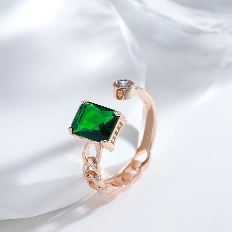 Elegant Vintage-Style Square Green Natural Zircon Ring in 585 Rose Gold Plating