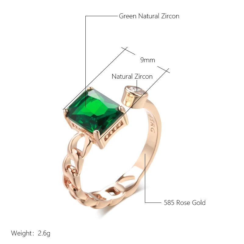 Elegant Vintage-Style Square Green Natural Zircon Ring in 585 Rose Gold Plating