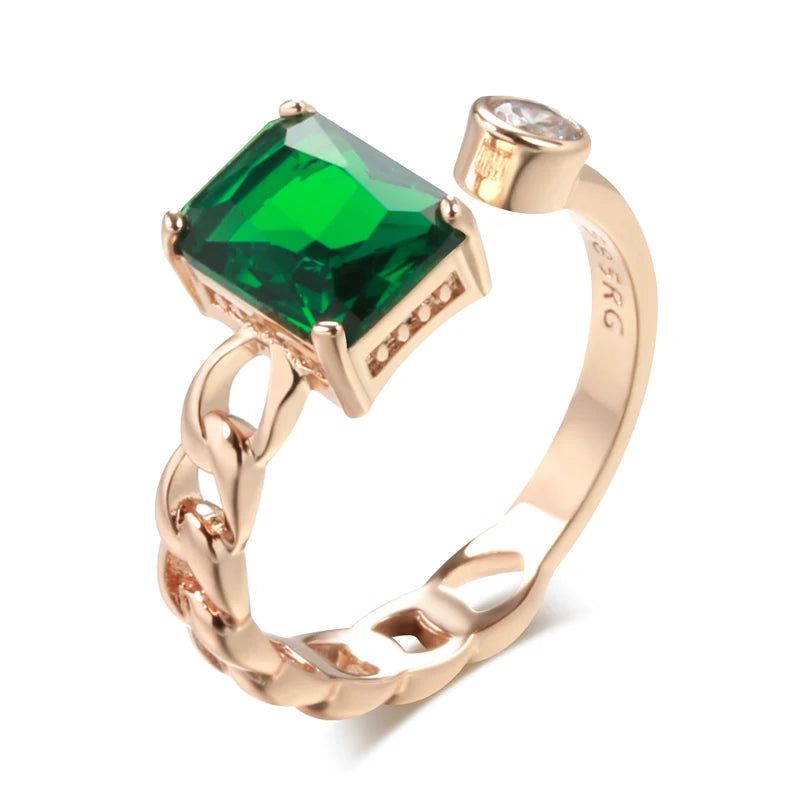 Elegant Vintage-Style Square Green Natural Zircon Ring in 585 Rose Gold Plating