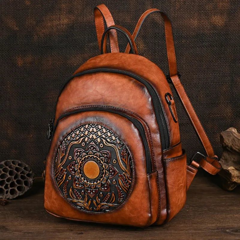 Elegant Vintage Women's Handmade Backpack with Unique Totem Design - Spacious Travel Bag