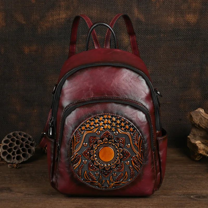 Elegant Vintage Women's Handmade Backpack with Unique Totem Design - Spacious Travel Bag