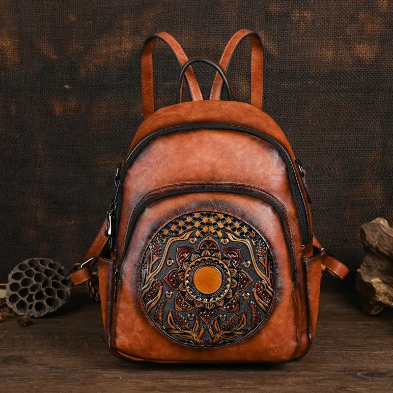 Elegant Vintage Women's Handmade Backpack with Unique Totem Design - Spacious Travel Bag