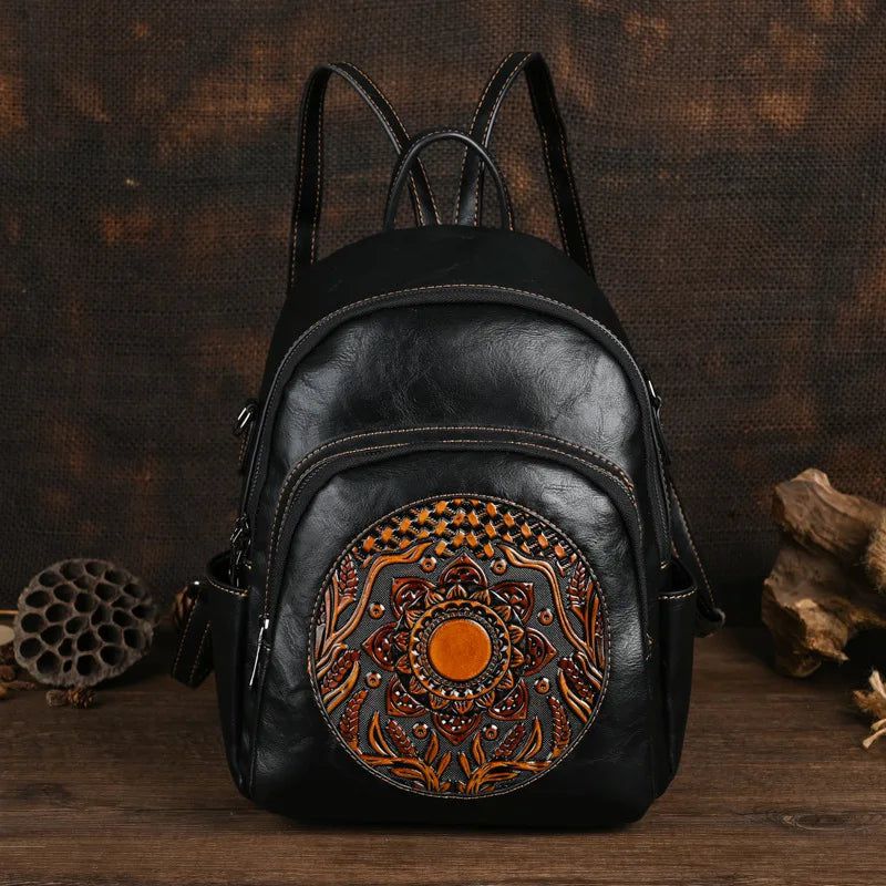 Elegant Vintage Women's Handmade Backpack with Unique Totem Design - Spacious Travel Bag