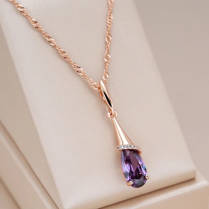 Elegant Water Drop Purple Zircon Long Pendant Necklace in 585 Rose Gold