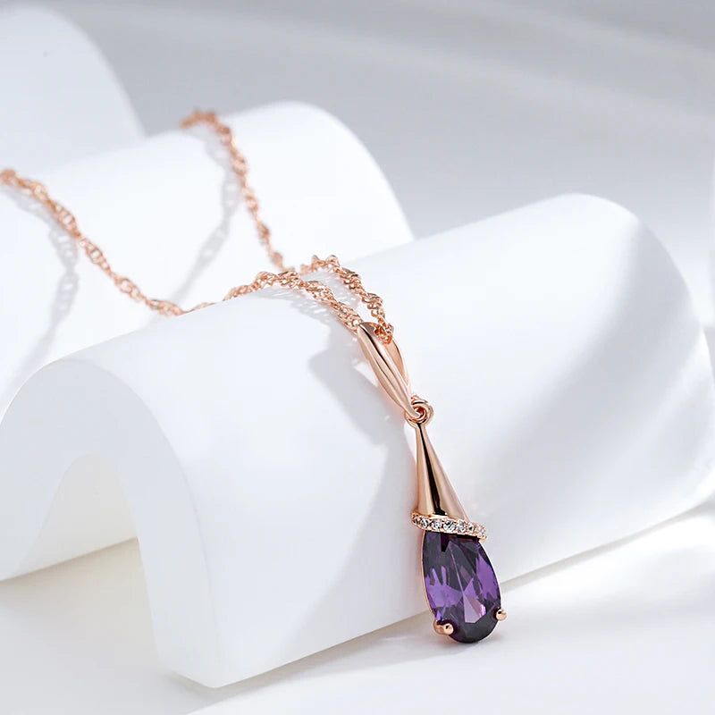 Elegant Water Drop Purple Zircon Long Pendant Necklace in 585 Rose Gold