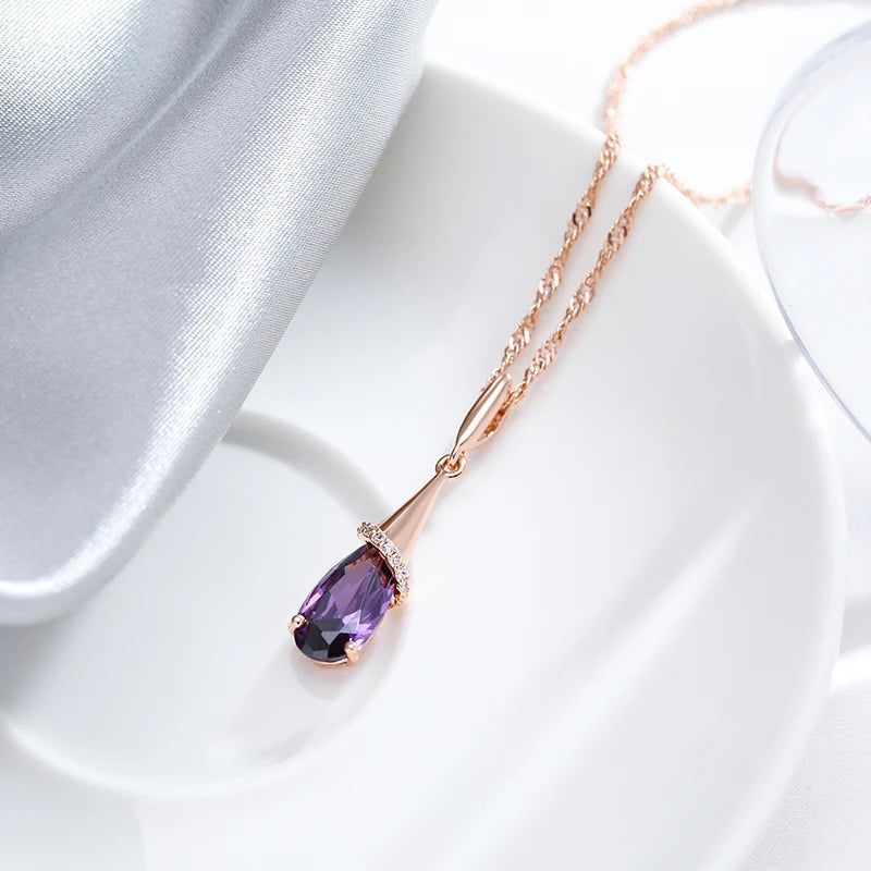 Elegant Water Drop Purple Zircon Long Pendant Necklace in 585 Rose Gold