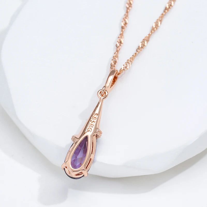 Elegant Water Drop Purple Zircon Long Pendant Necklace in 585 Rose Gold