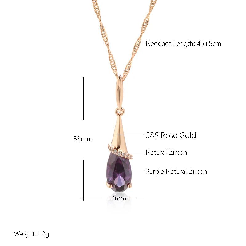 Elegant Water Drop Purple Zircon Long Pendant Necklace in 585 Rose Gold