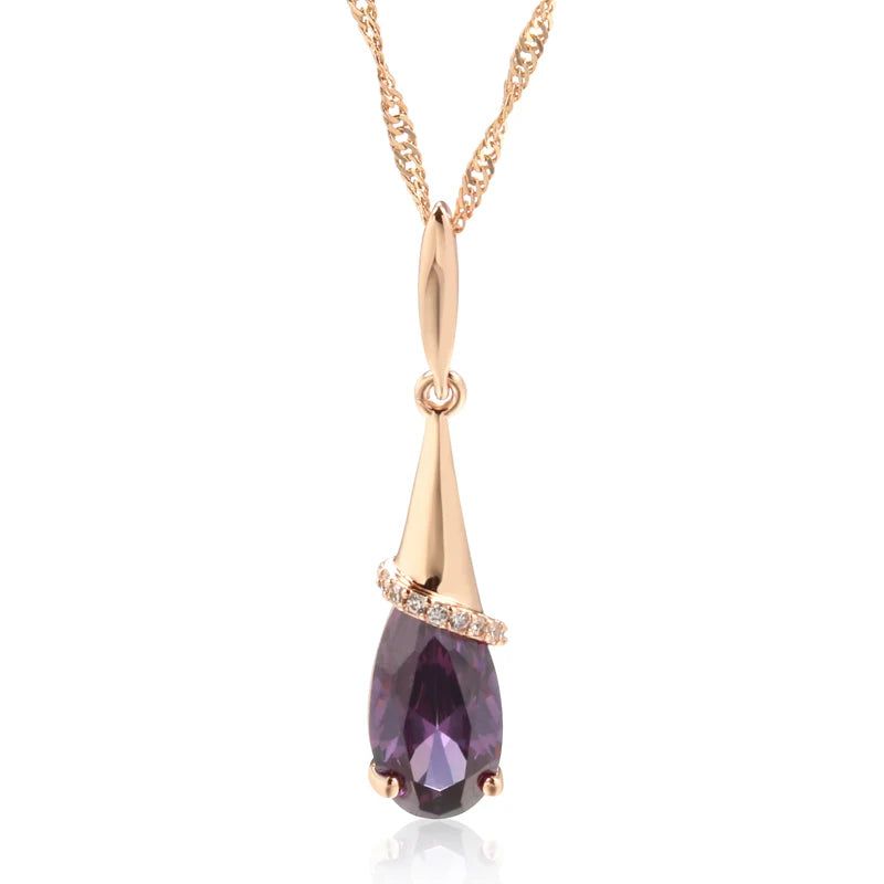 Elegant Water Drop Purple Zircon Long Pendant Necklace in 585 Rose Gold