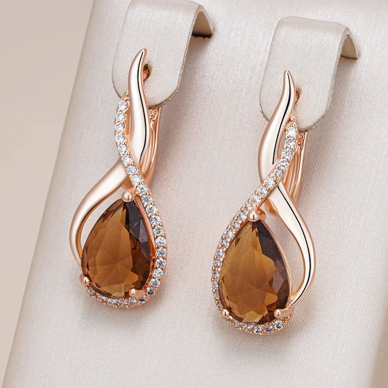 Elegant Water Droplet Earrings with Natural Zircon in 585 Rose Gold Finish