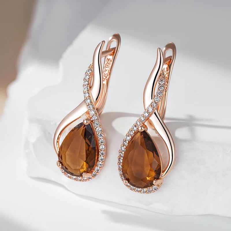 Elegant Water Droplet Earrings with Natural Zircon in 585 Rose Gold Finish