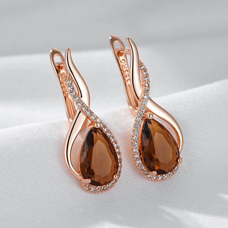 Elegant Water Droplet Earrings with Natural Zircon in 585 Rose Gold Finish