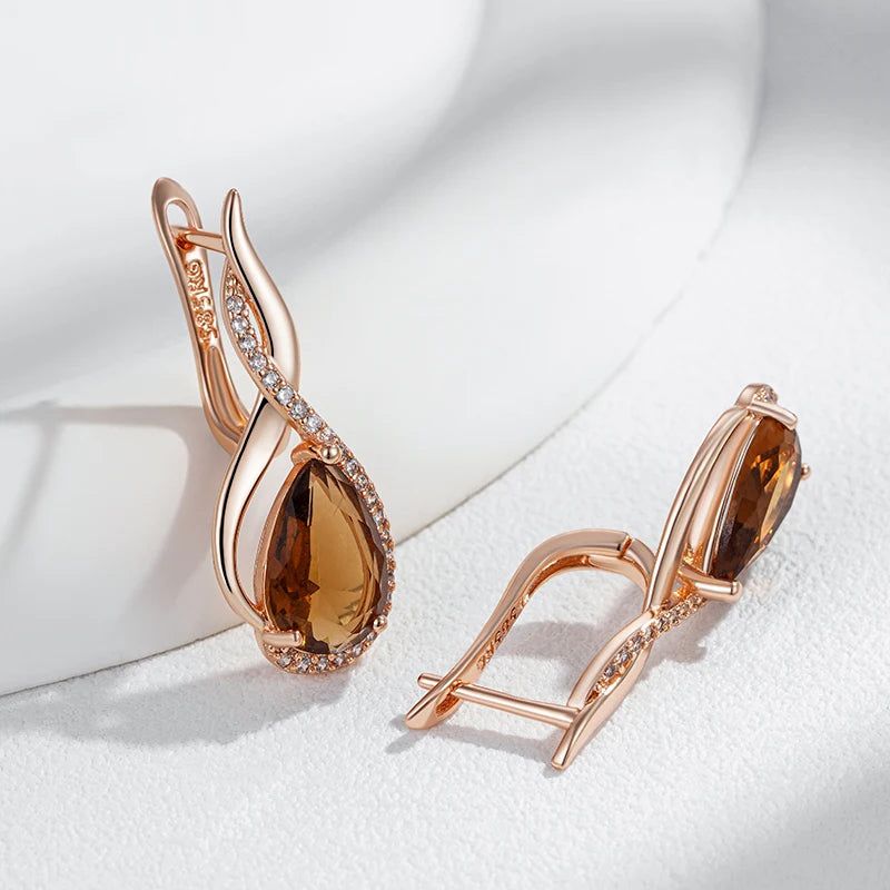 Elegant Water Droplet Earrings with Natural Zircon in 585 Rose Gold Finish