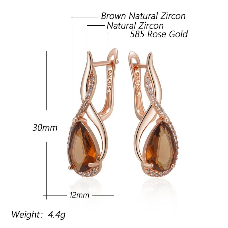 Elegant Water Droplet Earrings with Natural Zircon in 585 Rose Gold Finish