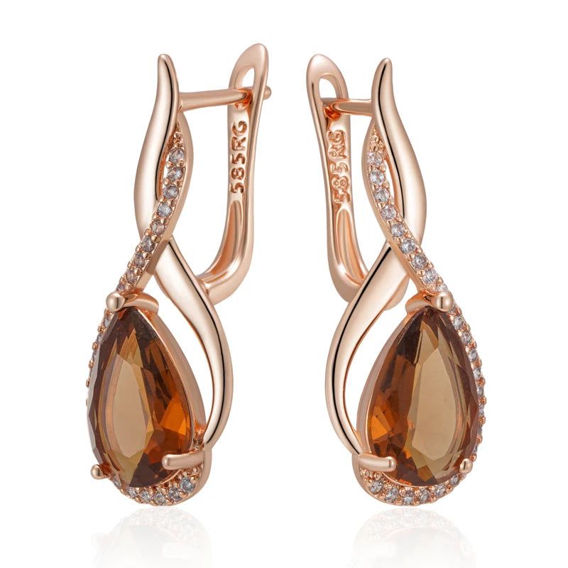 Elegant Water Droplet Earrings with Natural Zircon in 585 Rose Gold Finish