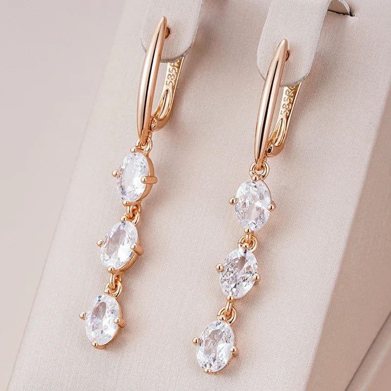 Elegant White Oval Natural Zircon Dangle Earrings in 585 Rose Gold Finish