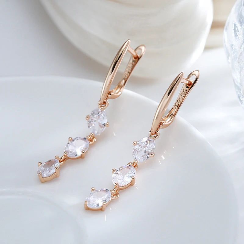 Elegant White Oval Natural Zircon Dangle Earrings in 585 Rose Gold Finish