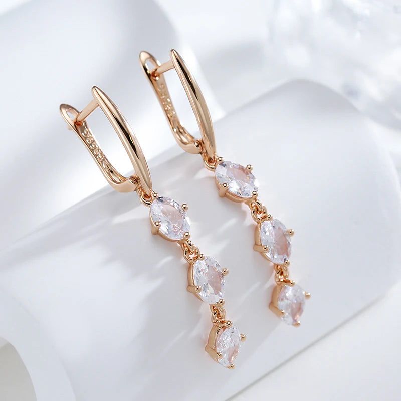 Elegant White Oval Natural Zircon Dangle Earrings in 585 Rose Gold Finish