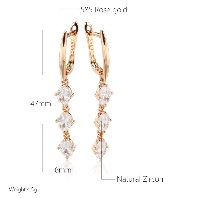 Elegant White Oval Natural Zircon Dangle Earrings in 585 Rose Gold Finish