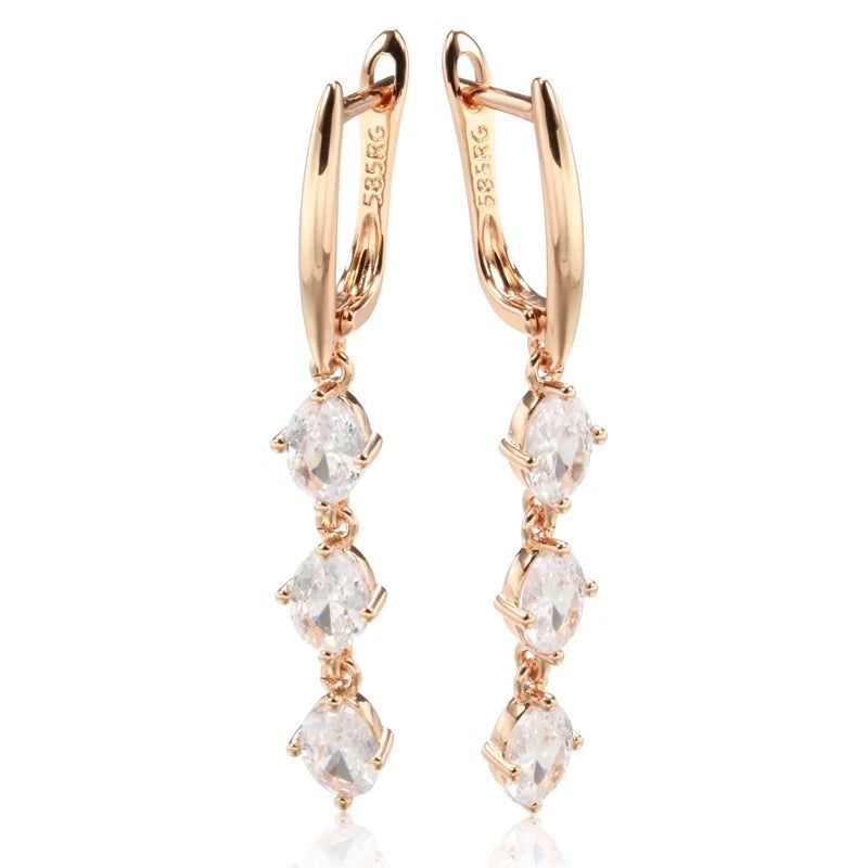 Elegant White Oval Natural Zircon Dangle Earrings in 585 Rose Gold Finish