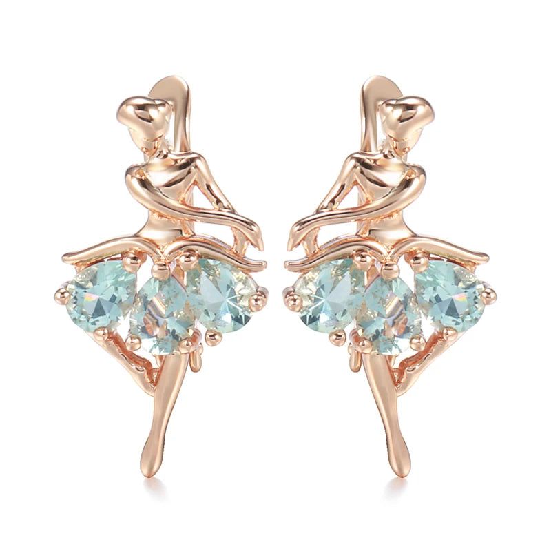 Elegantly Crafted 585 Rose Gold Ballet Drop Earrings with Mosaic Blue Natural Zircon for Bridal and Fashion Jewelry