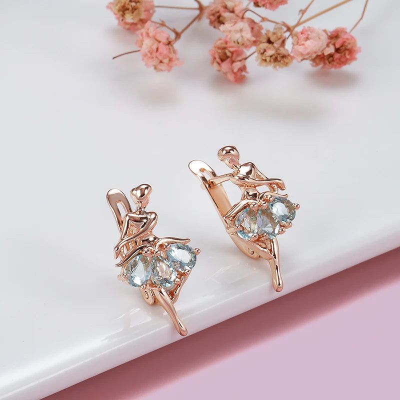 Elegantly Crafted 585 Rose Gold Ballet Drop Earrings with Mosaic Blue Natural Zircon for Bridal and Fashion Jewelry