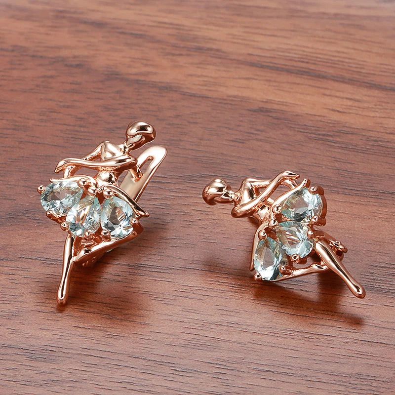 Elegantly Crafted 585 Rose Gold Ballet Drop Earrings with Mosaic Blue Natural Zircon for Bridal and Fashion Jewelry