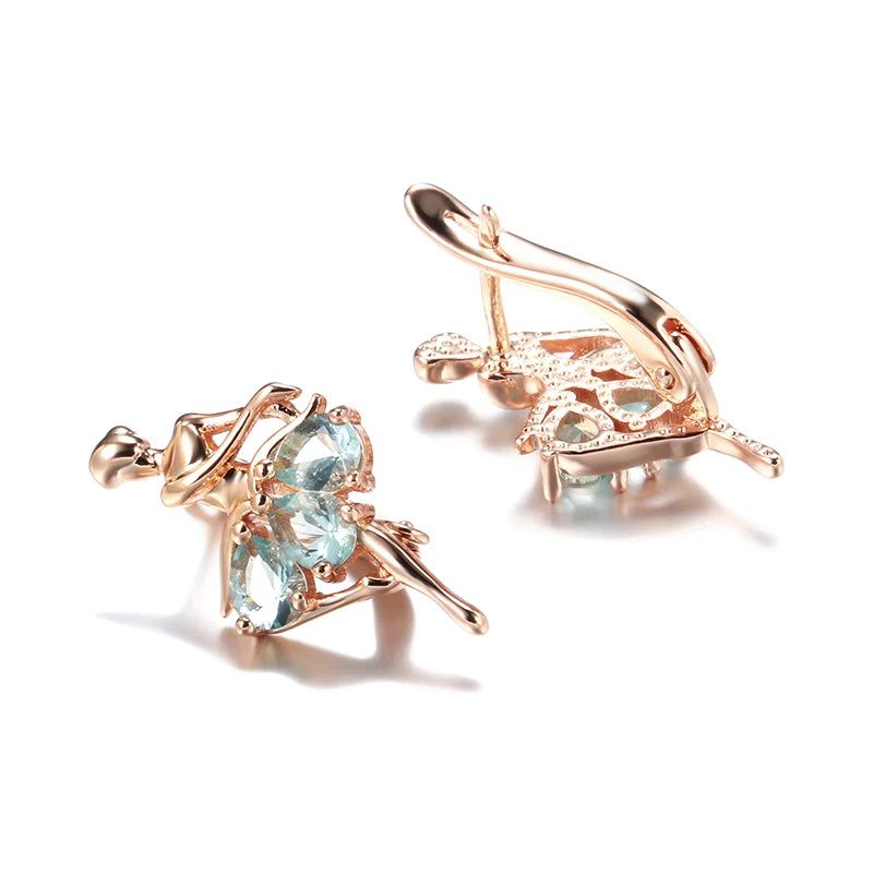 Elegantly Crafted 585 Rose Gold Ballet Drop Earrings with Mosaic Blue Natural Zircon for Bridal and Fashion Jewelry