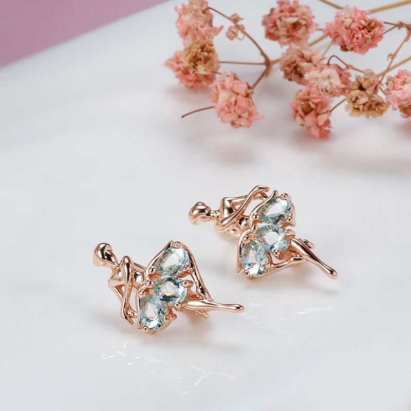 Elegantly Crafted 585 Rose Gold Ballet Drop Earrings with Mosaic Blue Natural Zircon for Bridal and Fashion Jewelry