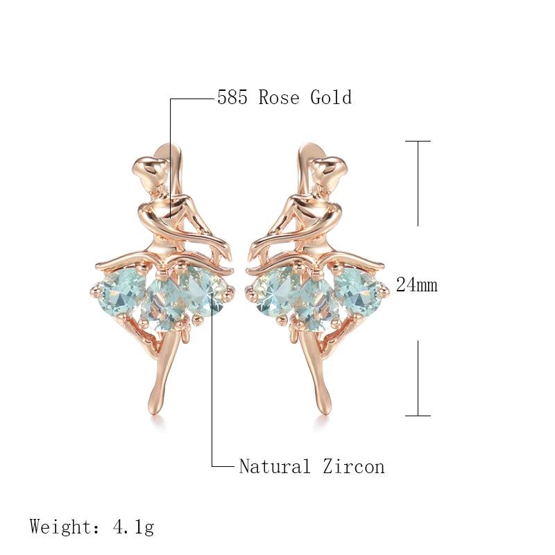 Elegantly Crafted 585 Rose Gold Ballet Drop Earrings with Mosaic Blue Natural Zircon for Bridal and Fashion Jewelry