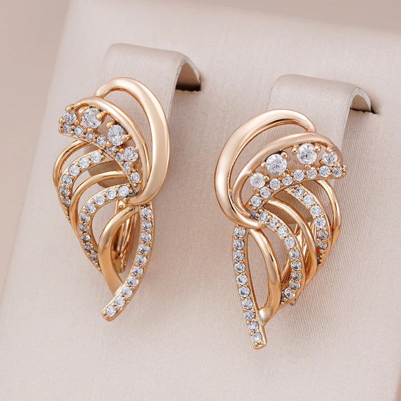 Elegantly Crafted 585 Rose Gold Leaf Drop Earrings with Natural Zircon Crystals